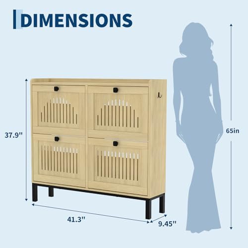 IDEALHOUSE Narrow Shoe Cabinet with 4 Flip Drawers, Natural Oak
