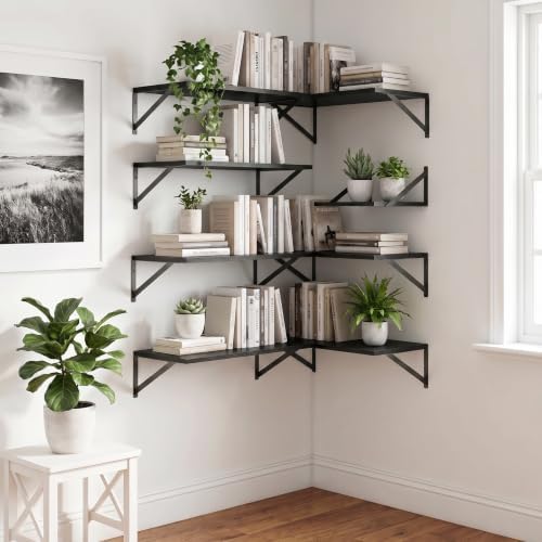 Black Floating Shelves 16 Inch Long, Set of 3, 12 Inch Deep Wall Shelves