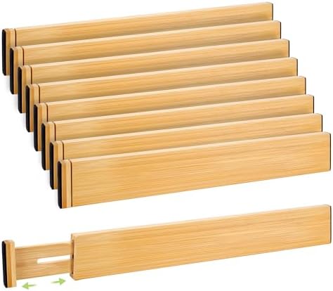 Fyvva Drawer Organizer, Spring-Loaded Expandable Bamboo Dividers 8-Pack | Large Kitchen Drawer Organizer, Adjustable 16.9 to 22.2 in, 2.3in High Non Slip for Kitchen Clothes Bathroom Office Natural