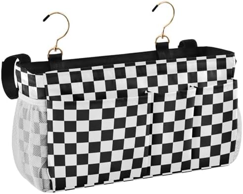 Black White Checkerboard Print Bedside Caddy Storage Bag Bedside Organizer for Bunk Bed Headboards College Organizer Caddy Hanging Shelf 6 Pockets with Hooks for Drinks Magazine Phone Holder