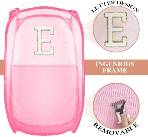 Collapsible Pop Up Laundry Hamper, Extra Large with Removable Initial Letter E, Mesh Foldable Laundry Basket, 28" x 16" x 16" (Pink)