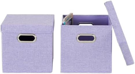 Household Essentials 814-1 Café Cube Bin Storage Set with Lids and Handles | 2 Pack, Purple Linen