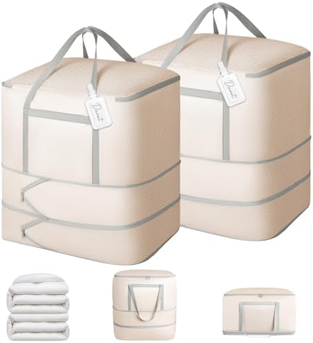 Comforter Storage Bag - 120L Bedding Storage Bags for Closet and Moving, Washable Blanket Storage Bag, Ultra Space Saving Self Compression Organizer, 2-Pack, Beige