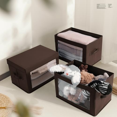 Homsorout Foldable Storage Boxes with Clear Window - Clothes Organizers and Decorative Bins with Lid, Fabric Storage Cube, Baskets for Shelves, Yarn, Home, Brown, 3 Pack