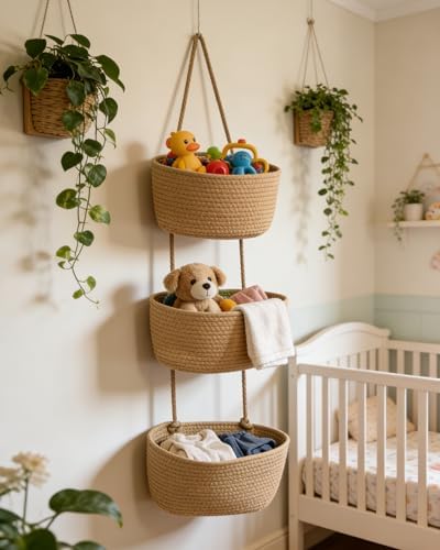 3-Tier Over the Door Hanging Basket, Cotton Rope Woven Decorative Hanging Storage, Large Wall Basket for Nursery Bedroom, Foldable Height Adjustable Organizer, Jute Color