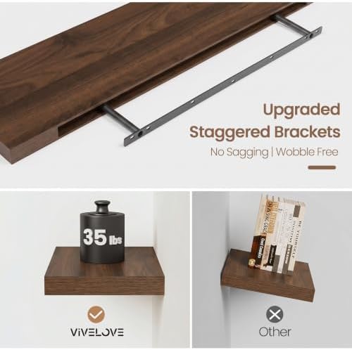 Vivelove Floating Shelves 9 inch Deep 24”Long Set of 2, Walnut | Easy Install With Hardware, 1.5" Thick, Invisible Brackets, Wall Mounted, No Sagging, For Any Room