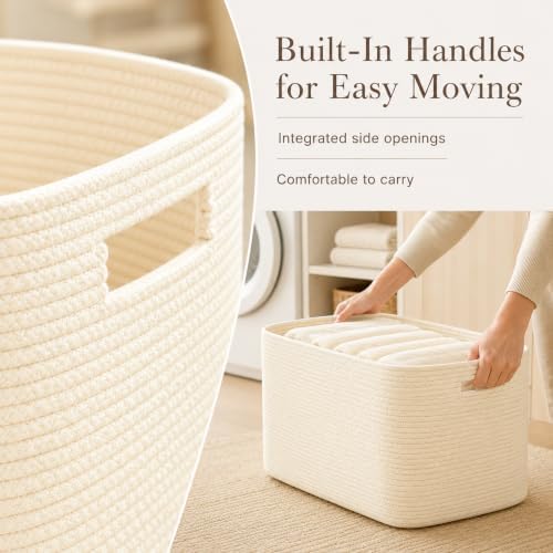 15.4GAL Woven Laundry Basket for Kids, Cute Boho Square storage basket for Living Room Decor, Baby Girls Boys Toys Stuffed Animal Decorative Short Hamper for Dirty Clothes, Bath Towel,Shoes Beige