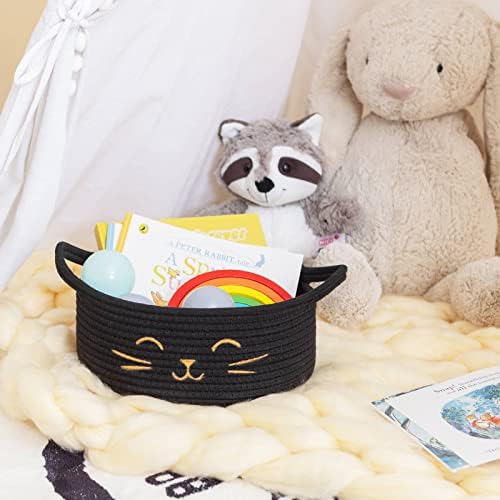 Small Woven Rope Cat Toy Basket with Cat Face Design, Black