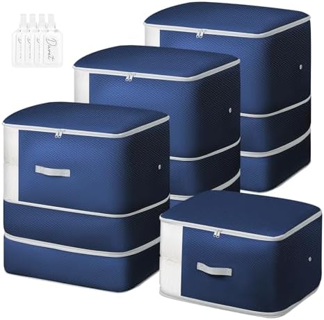 Comforter Storage Bag - 130L Blanket Storage Bags 3-Layer Ultra Space Saving Self Compression Organizer, Washable Compression Bags for Storage Comforter Blanket, 4-Pack, Navy Blue