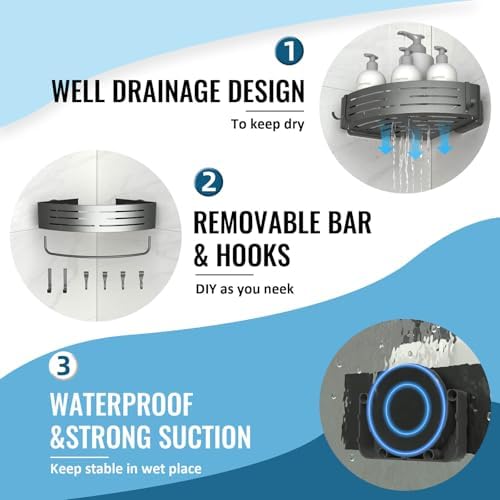 Onemake Corner Shower Caddy with Suction Cups, 1-Pack Shelf for Bathroom