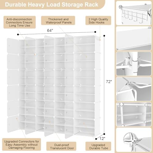 Portable Shoe Rack Organizer with Door, 96 Pairs Shoe Storage Cabinet Easy Assembly, Plastic Adjustable Shoe Storage Organizer Stackable Detachable Free Standing DIY Expandable 12 Tier White