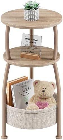 Small Side Table with Storage Basket for Living Room, 11.81in | Round End Table Bedroom, 3-Tier Bedside Table Stand for Entry, Garden, Spaces Saving, Tall 24in, Farmhouse Light Oak
