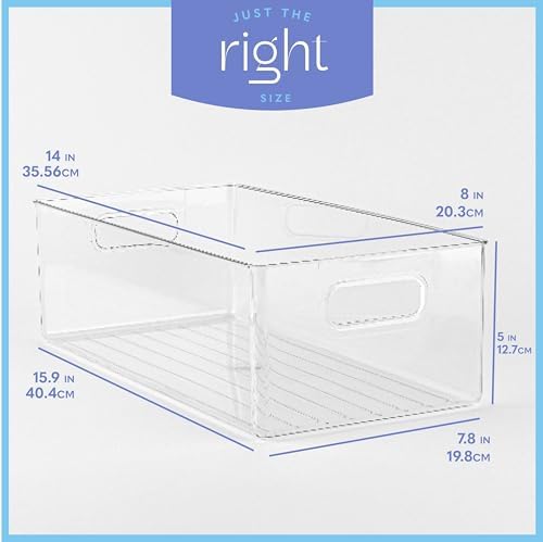 Plastic Food Storage 2 Pack Clear Container Bin with Handles for Organizing Kitchen, Pantry, Refrigerator, Freezer, Pantry, Cabinet, Closet, Bathroom. 14”x8”x5”