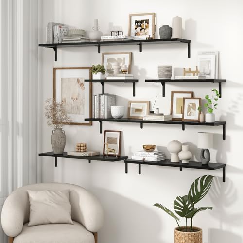 Fun Memories Deep Floating Shelves, 36W x 8D Floating Shelves Set of 2, Wall Mounted Shelf with Metal Brackets, Rustic Wood Wall Shelf for Bathroom, Kitchen and Living Room, Black