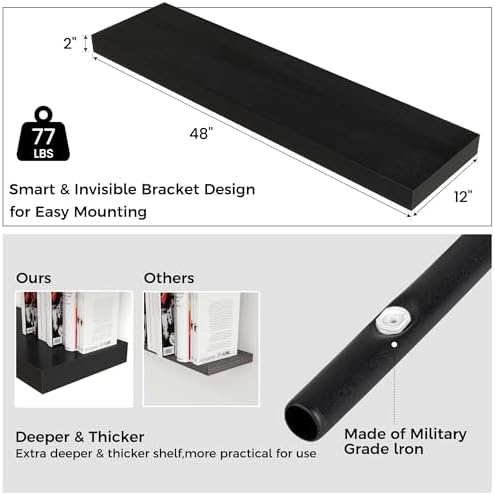 48 Inch Floating Shelves for Wall, 12"D Wood Storage Shelves, Black Finish