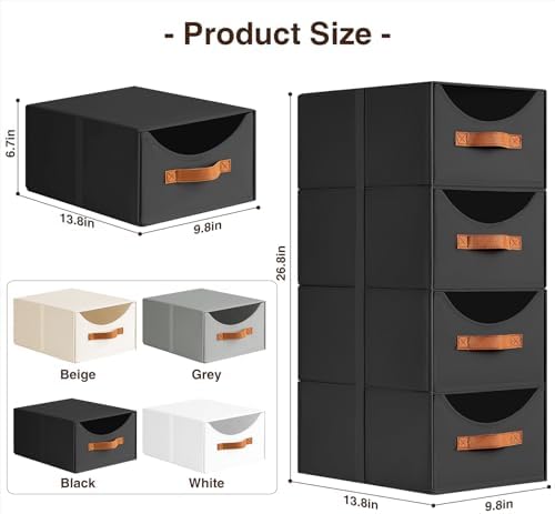 Homsorout Stackable Storage Drawers - Collapsible Storage Bins with Drawers, 6 Pack Closet Shelf Organizer Basket, Fabric Pull Out Organizer for Bedroom, Living Room, Dorm, Black
