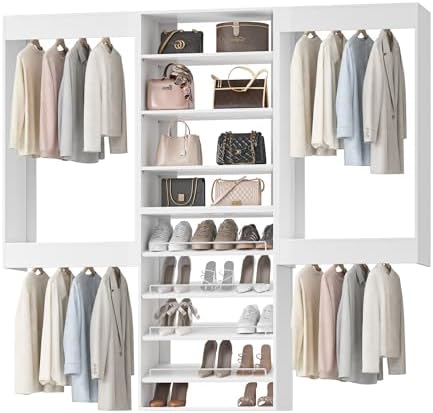 Modular Closet System, 90" Wide Wall-Mounted Closet Tower Organizer with Adjustable Shoe Shelves and Hanging for Walk-In Closet Storage, White