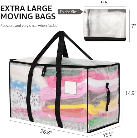 Moving Bags Heavy Duty Extra Large, Alternative for Moving Boxes & Moving Supplies,Clear Storage Bins with Lids, Plastic Packing Tote, Storage Bags for Clothes with Handles & Zippers(Clear, 10 Pack)