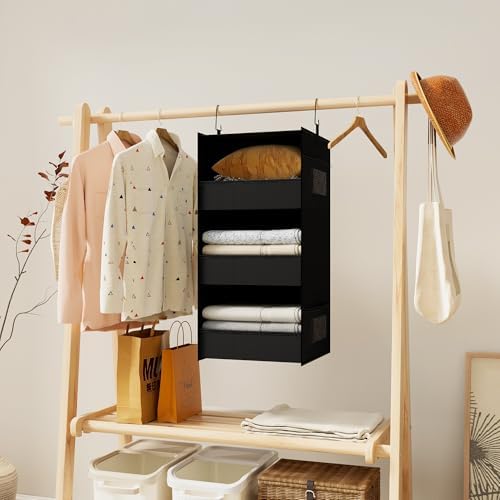 3-Shelf Hanging Closet Organizer, Washable Foldable Storage Shelves, Black | Front lip keeps items secure; side pockets add room; Oxford fabric handles towels, shirts, baby items, dorms, RVs or travel.
