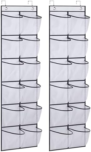 MISSLO Over The Door Shoe Organizer 12 Large Mesh Pockets Hanging Narrow Closet Door, White, 2 Pack