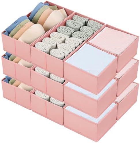 DIMJ Drawer Organizers - Set of 12 Fabric Closet Organizers and Storage, Drawer Dividers for Baby Clothes, Socks, Belt, Tie (Pink)
