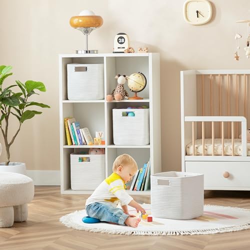 UBBCARE Storage Cubes 11 Inch, Cotton Rope Woven Baskets for Organizing, Cube Storage Bin for Baby Nursery, 4-Pack Square Toy Storage Baskets for Shleves Organizer, Closet, Kidsroom, White