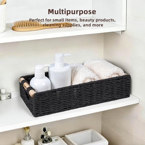 CubesLand Back of Toilet Storage Basket for Organizing W/Cut Out Handle | Handwoven Toilet Tank Top Paper Baskets, Wicker Decorative Basket for Countertop, Home Decor, Living Room, Nursery, Black