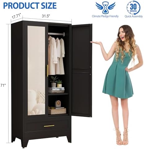 GAIOUS Steel Armoire Wardrobe Closet with Mirror Door and Drawer 71" Black