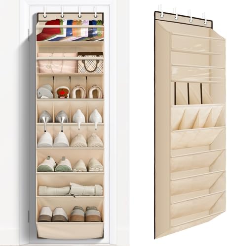 1 Pack Over The Door Shoe Organizer, 8 Shelves Hanging Shoe Organizers, | 68" Exlarge Deep Pockets Shoe Rack for Closet, Shoe Holder for Boots, Sneakers, Heels, Over Door Organizer in Home, RV, Beige