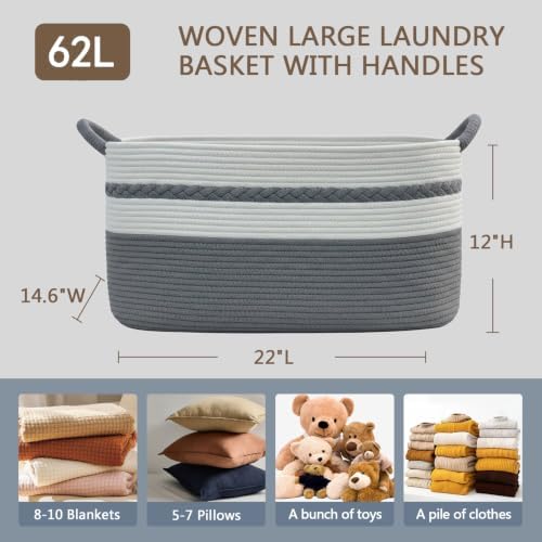 Large laundry basket woven from natural cotton rope with handles for storage clothes big decorative quilted baskets for blankets toys pillows hampers 22"x14.6"x12" Grey