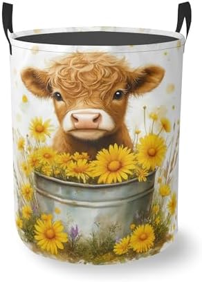 Cute Highland Cow Round Laundry Basket Collapsible Laundry Hamper with Handles Toys Clothes Organizer Bin For Home Bathroom Bedroom Dorm Nursery