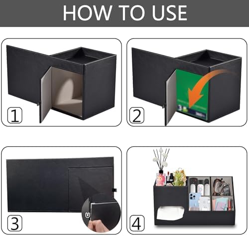 Plus Size Tissue Box Cover-Square Tissue Cover with Side Storage and Tray,Modern Makeup Organizer,PU Leather Tissue Holder Decorative Cube Organizer for Living Room Vanity NightStand Office,Black