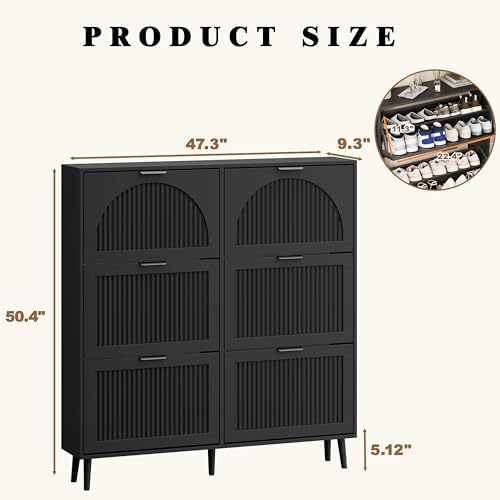 Shoe Storage Cabinet with 6 Flip Drawers, Narrow Wood Shoe Organizer Cabinet with Fluted Panel, Slim Shoe Rack for Entryway, Freestanding Shoe Cabinet for Living Room, Hallway, Black