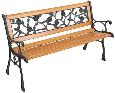Outvita 49.5in Garden Bench, Deck Hardwood Seat and Metal Armrest Park Bench for Patio Front Porch Path Yard Lawn Poolside (Rose)