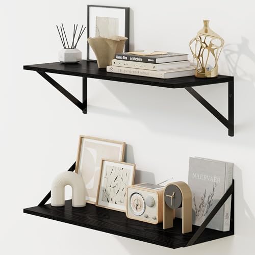 Fun Memories Deep Floating Shelves for Wall, 24W x 8D Wall Mounted Shelves Set of 2, Wide Display Ledge Shelf with Sturdy Metal Brackets for Living Room, Bathroom, Bedroom and Kitchen, Black
