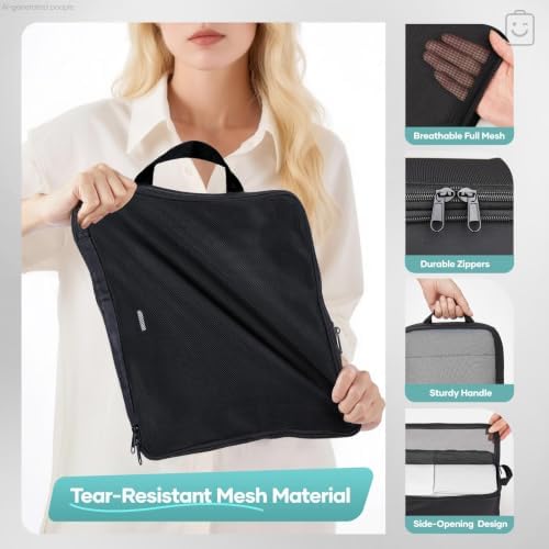 Veken 10 Set Compression Packing Cubes for Travel Essentials,Compressible Expandable Large Luggage Organizer Bags for Clothing,Space Saver Bags with Over 1000 pcs of Mesh Holes(Black,Makeup Bag)