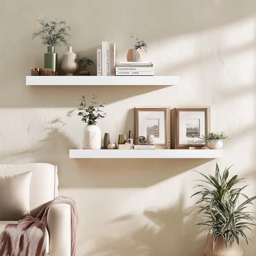 30x6.8x1.7in Solid Wood Floating Wall Shelf Set of 2 White Finish