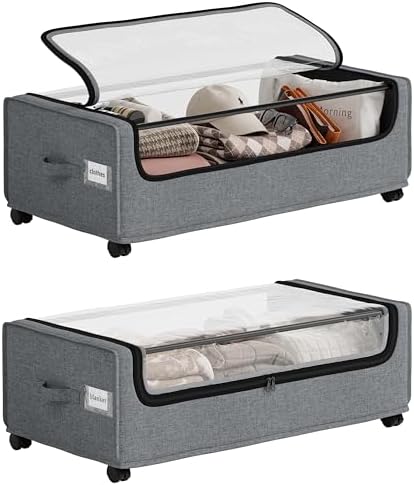 Under Bed Storage With Wheels, Tall Under The Bed Storage, Underbed Storage Containers With Lids, Metal Frame, 90L Capacity, Large Size