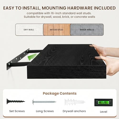 FLYJOE 12 Inch Deep Floating Shelves, 12'' x 12'' Black Shelves Set of 2