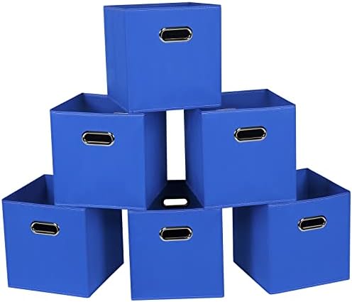 Fabric Cloth Storage Bins,Fabric Cube Bins Organizer with Dual Handles Foldable Cube Storage Baskets for Home Bedroom Storage,Set of 6,(Dark Blue)