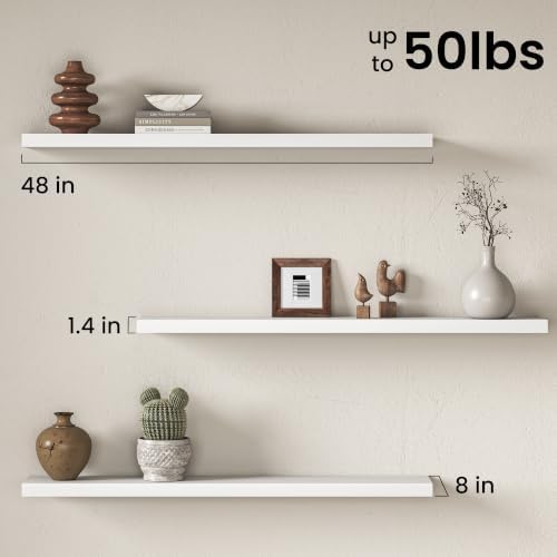 Fun Memories 48 Inch Floating Shelves for Wall 8 Inch Deep White Shelves Set of 2, Wall Mounted Rustic Wood Long Floating Shelf, Large Display & Storage Shelf with Invisible Brackets