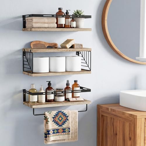 Fixwal Wall Mounted Bathroom Shelves Over Toilet (3+1 Gray) | Wall Shelf with Basket Storage , Towel Bar, Solid Wood, 22Lb Capacity, Easy DIY Install
