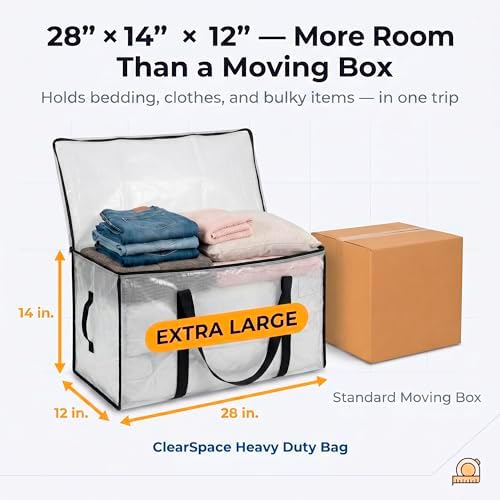 ClearSpace Heavy Duty Moving Bags - Water Resistant Storage Bags with Backpack Straps, Zippers and Handles - Large Moving Boxes for College Dorm, Travel, Closet Organization - 6 Pack, Clear