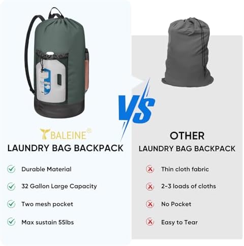 BALEINE 150L Laundry Bag Backpack, 900D Oxford Fabric Large Travel Laundry Bags with Shoulder Straps and 2 Mesh Pockets for College Dorm, Apartment, Laundromat (Dark Grey, 150L)