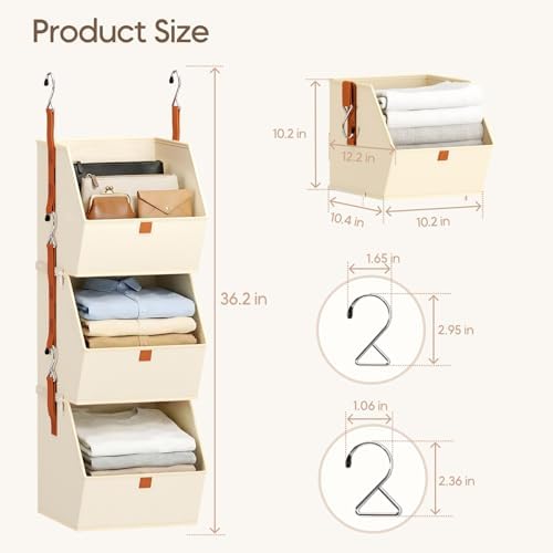 Homsorout Collapsible Hanging Closet Organizer - 3 Tier Closet Shelves Storage System with Hooks, Fabric Hanging Storage Bins for Clothes, Foldable Storage Basket for Laundry, Bedroom, Rv, Beige