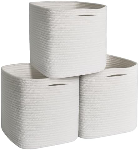 11x11x11 Cube Storage Bin - 3 Pack Woven Storage Cubes Organizer, 11 Inch White Cotton Rope Baskets for Organizing, Square Baskets for Shelves, Nursery Closet Bins, Cubby Toy Box Organizer