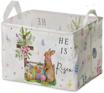 Eggs Rabbit Easter Basket, Butterfly Bow Baby Gift Basket, Cross Flower Empty Toy Nursery Bin, Large Squarecanvas Laundry Hamper With A Waterproof PECoating, Foldable girlsToy Clothes Bins for Bedroom