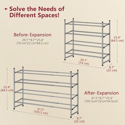 Tajsoon Expandable Shoe Rack for Closet 4 Tier, 28“-41“Stackable, Grey