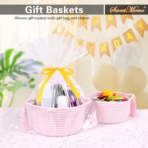 3-Pack Small Gift Basket Empty to Fill, Cellophane Bag & Ribbon, Pink