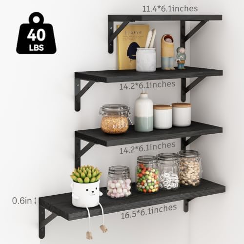 YGEOMER 4 Different Sizes Floating Shelves for Wall Home Decor, Black | Rustic wood shelves in mixed sizes for flexible combined storage. Fits bathroom, kitchen, living room, bedroom and office.